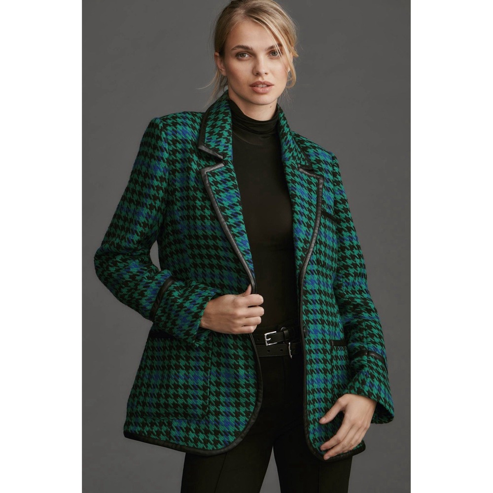 Avec Les Filles Blazer 2XS Houndstooth Blazer Leather Trim Button Green Blue